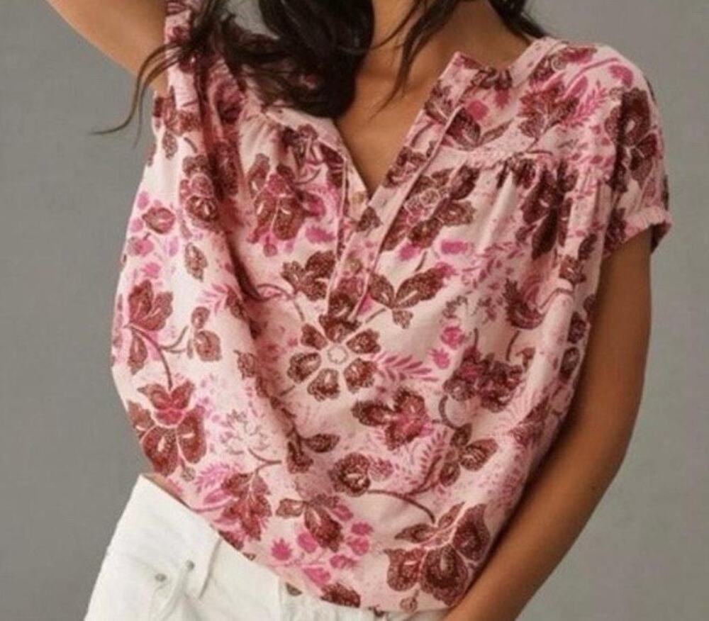 Anthropologie Pilcro Pink Floral Ruched Henley Buttons Oversized Top Sz XS